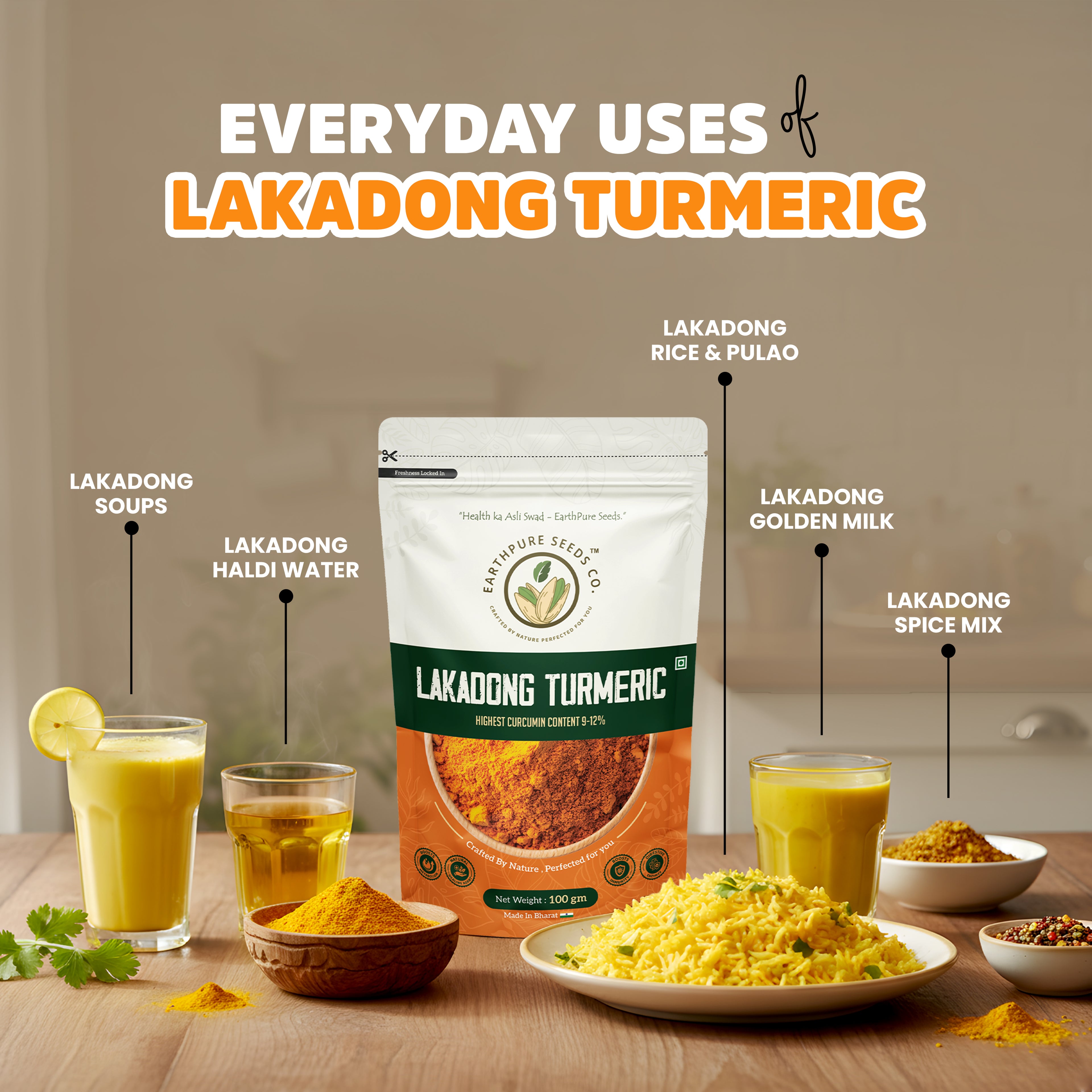 EarthPure Lakadong Turmeric Powder - rich in colour, strong in aroma, free from artificial enhancement