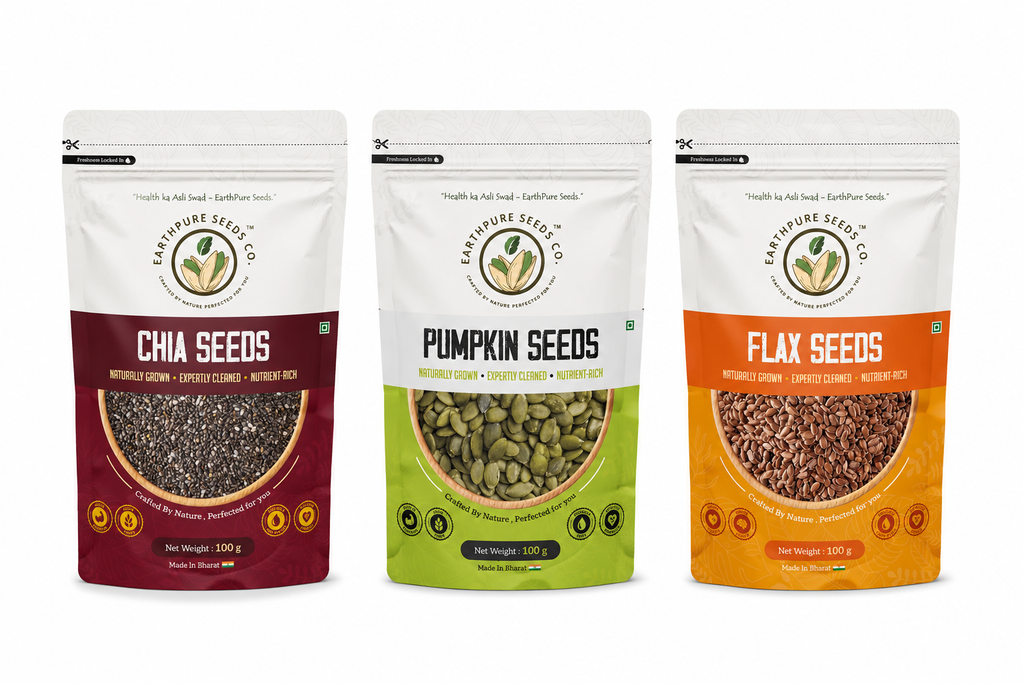 EarthPure Super Seeds Combo (300g) – Chia Seeds (100g) + Flax Seeds (100g) + Pumpkin Seeds (100g)